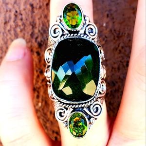 New Oversized Emerald & Peridot Silver Statement Ring.